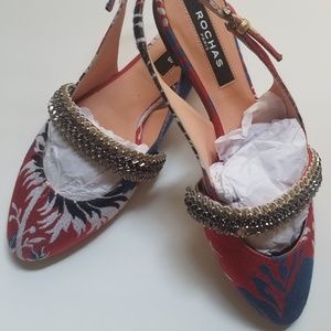 Rochas Red Jacquard & Crystal Slingbacks Flats 7.5